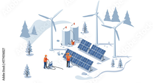 Renewable energy landscape with wind turbines and solar panels in isometric s…