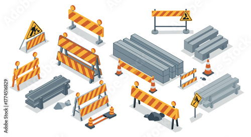 Isometric construction barriers and safety signs collection