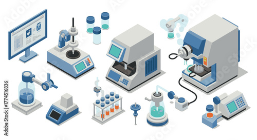 Isometric laboratory equipment set with modern scientific apparatus and devices