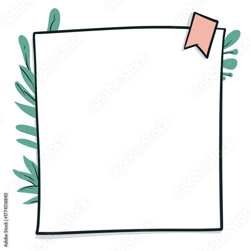 Hand drawn square frame with green leaves and pink bookmark flag simple doodle style decorative border for notes messages reminders or invitations design vector illustration