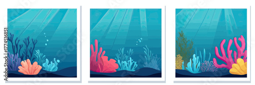 Underwater coral reef landscape with colorful coral formations and blue ocean water illuminated by sea rays in minimalist flat vector style triptych poster set