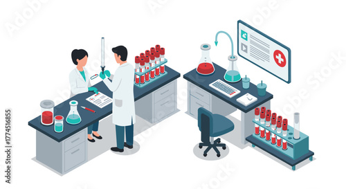 Isometric laboratory scene with scientists working on experiments and analyzi…