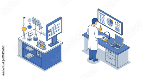 Isometric laboratory research and data analysis with scientist and lab equipment