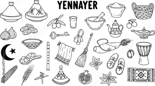 Yennayer Amazigh New Year collection: Hand-drawn set of traditional North African symbols, food, and cultural elements for celebration and tradition.
