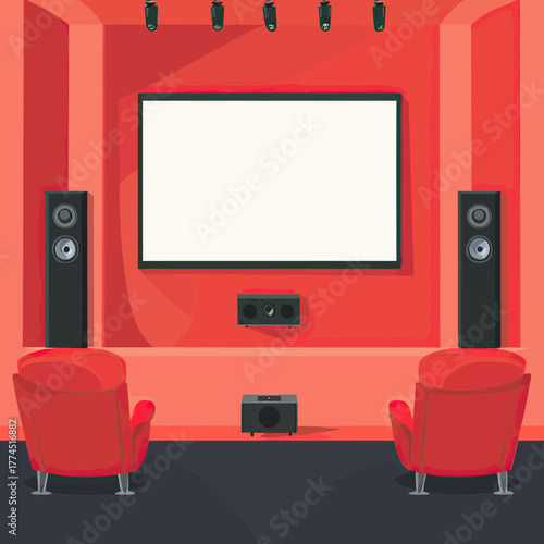 Modern home theater room with red armchairs, large projector screen, black speakers, and surround sound ceiling speakers in minimalist style vector illustration