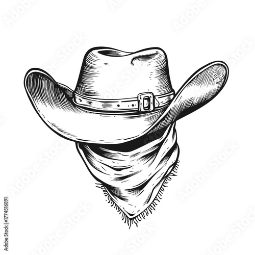 Hand drawn detailed sketch of classic western cowboy hat with curved brim and buckled band paired with fringed neck bandana in vintage monochrome style vector illustration