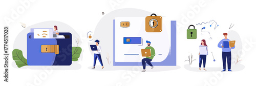 Data protection and cybersecurity concepts with characters securing private information password and digital files using laptops and tablets in flat style