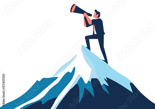 Businessman standing on snow covered mountain peak looking through telescope visionary leadership ambition goal achievement success concept flat vector illustration