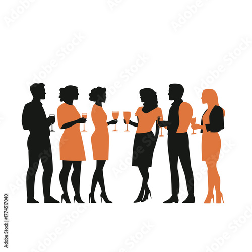 Silhouettes of diverse men and women holding wine glasses in social gathering flat minimalist vector illustration with black and orange outfits on white background