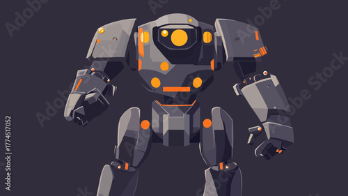 Futuristic heavy armored robot with orange accents in flat minimalist vector style standing ready for action on dark background technology concept