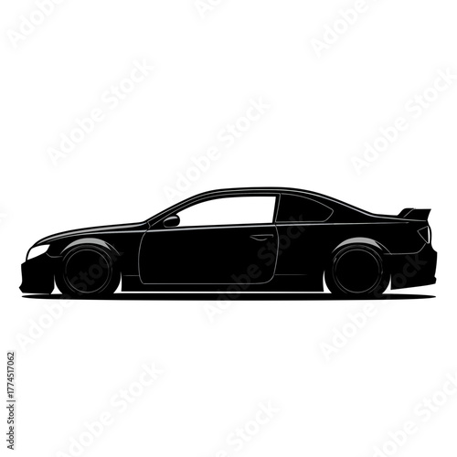 Black silhouette of a sleek sports coupe car side view with aerodynamic design and rear spoiler in minimalist vector style on white background for automotive and transport concepts