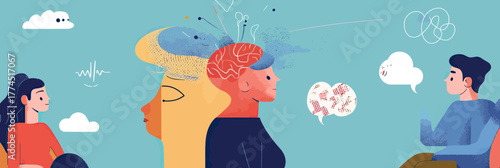 Mental health therapy session illustration with diverse characters discussing brain activity, emotions, and thoughts in flat minimalist style vector