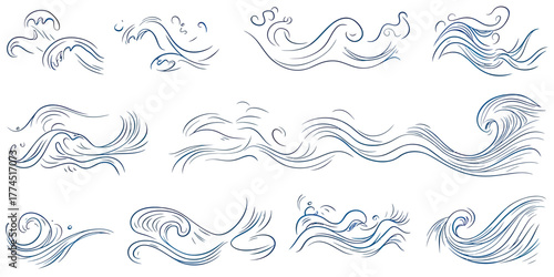 Set of hand drawn wave line art illustrations with flowing water curves, ocean wave outlines, sea splash sketches, doodle style vector icons in minimalist design for creative projects and backgrounds