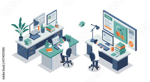 Modern isometric office workspace with professionals at desks and online data