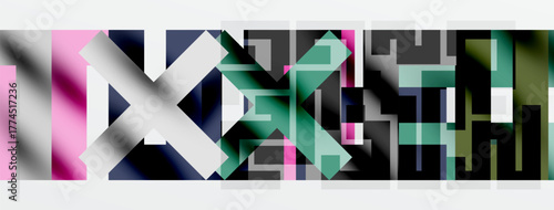 Abstract geometric composition. Overlapping shapes create dynamic visual texture. Pink, teal, gray dominate palette. Minimalist design.