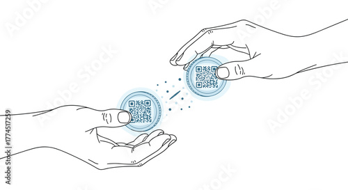 Hands exchanging digital currency coins with QR codes, Generative AI.