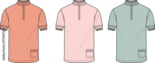 Three stylish polo shirts for men displayed in an illustration with short sleeves and pockets