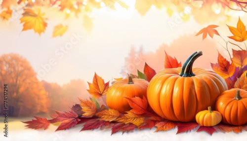 Autumn Themed Illustration Featuring Vibrant Pumpkins And Colorful Leaves Creating A Warm And Inviting Halloween Atmosphere With Ample Copy Space