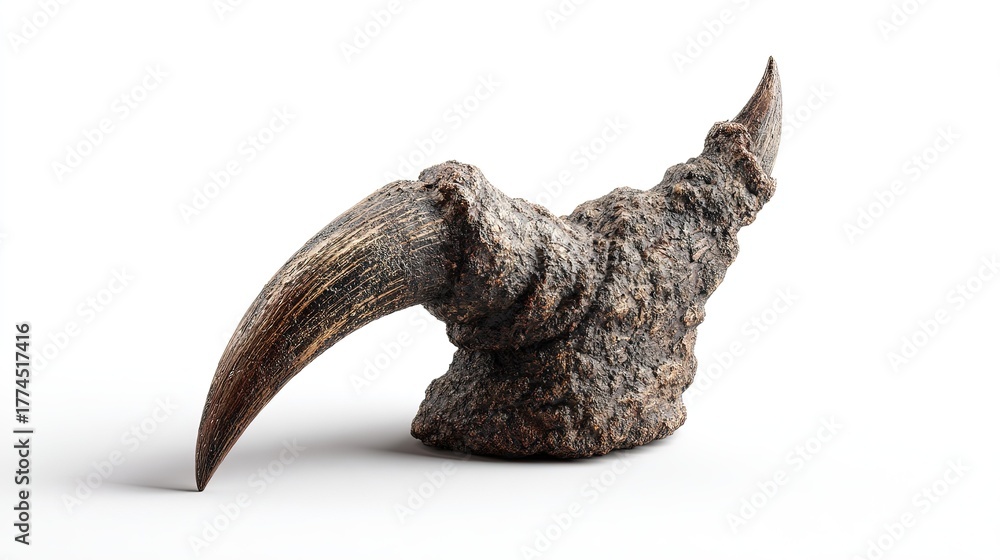 Obraz premium Ancient dinosaur fossil claw fragment with textured surface and sharp point on white background