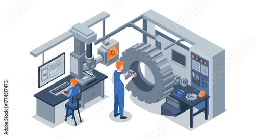 Modern isometric industrial automation with engineer and robotic machinery
