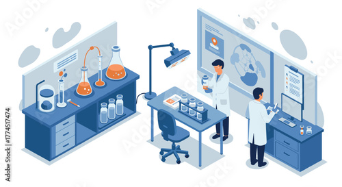 Modern scientific laboratory with researchers conducting experiments in isome…