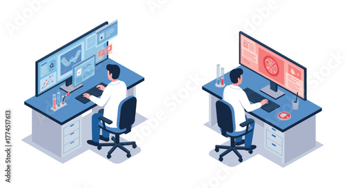 Isometric lab scientists analyzing data on dual monitors in modern research f…