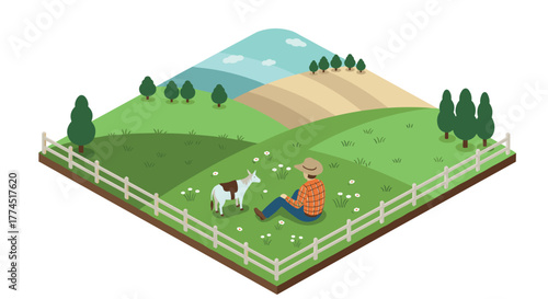 Isometric farm scene with farmer and goat in pasture