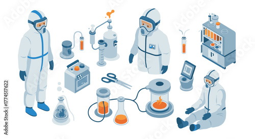 Scientists in protective gear conducting experiments in a laboratory setting
