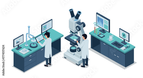 Modern laboratory with scientists working on advanced research in an isometri…