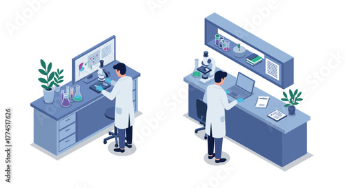 Isometric laboratory workspace with scientists conducting experiments and res…