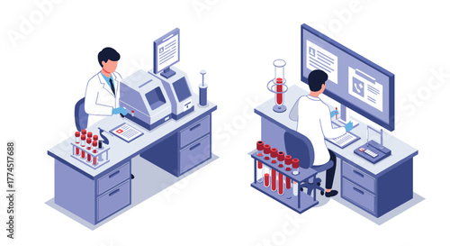 Isometric laboratory work: scientists conducting experiments and analyzing data