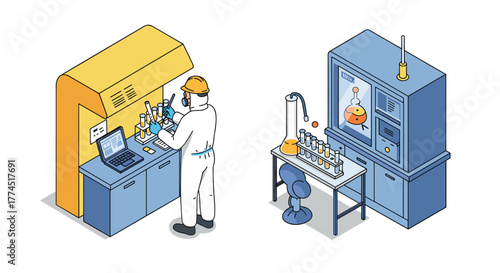 Isometric laboratory scene with scientist and advanced equipment