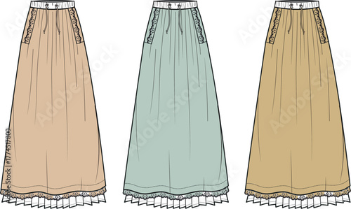 Apparel design collection of a long maxi skirt with an elastic waist, pockets, and ruffle hem. Fashion flat technical drawing vector set in multiple colorways