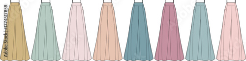 A fashionable set of women's long pleated maxi skirts presented in a beautiful and soft pastel color palette. Elegant clothing collection for style and design concepts, isolated on a white background