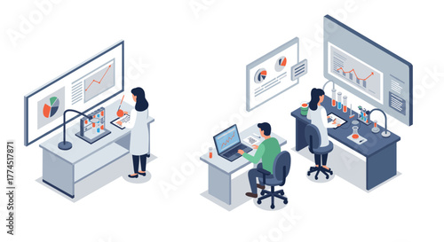 Isometric office lab experiment with data analysis and research team