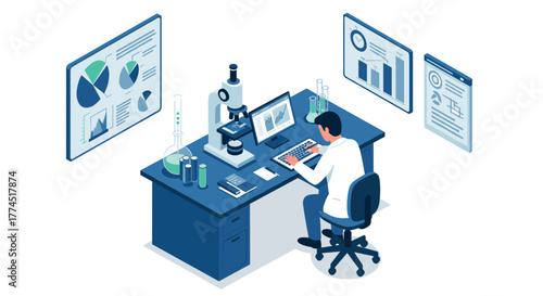 Scientist analyzing data in modern lab with microscope and charts in isometri…
