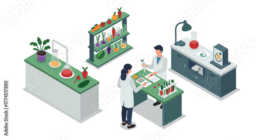 Modern laboratory research scene with scientists and equipment in isometric d…