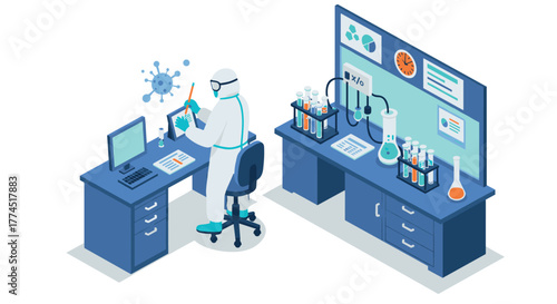 Isometric laboratory with scientist working on pandemic research