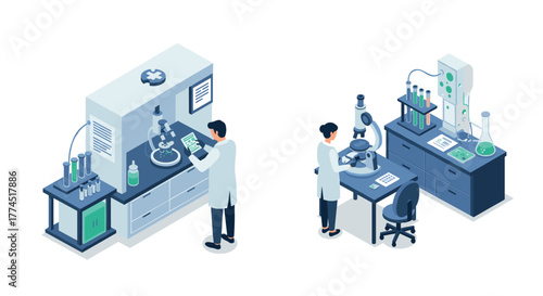 Laboratory scientists analyzing samples with advanced equipment in isometric…