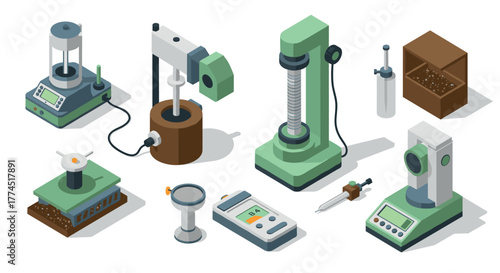 Isometric laboratory equipment collection featuring precision instruments for…