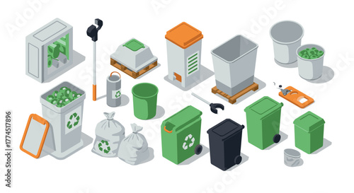 Isometric recycling bins and waste management equipment in modern design