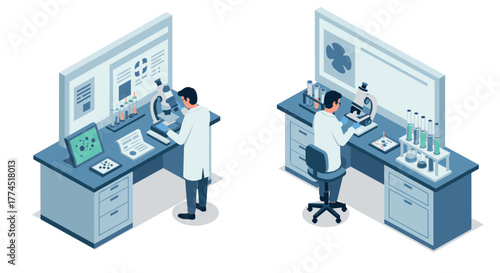Isometric lab researchers analyzing data and conducting experiments in modern…