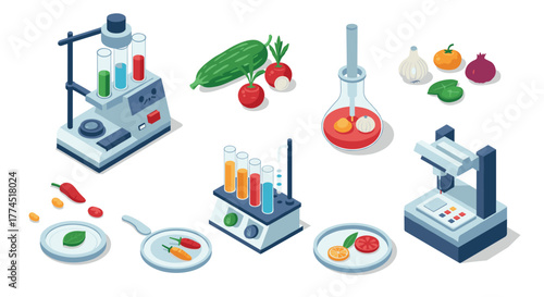 Isometric lab equipment with fresh vegetables and ingredients in a scientific…