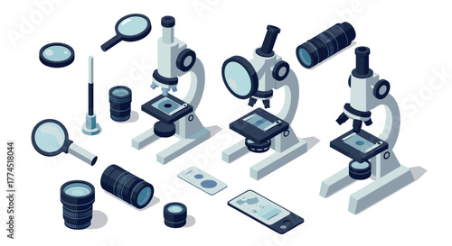 Isometric laboratory equipment with microscopes and lenses for scientific res…