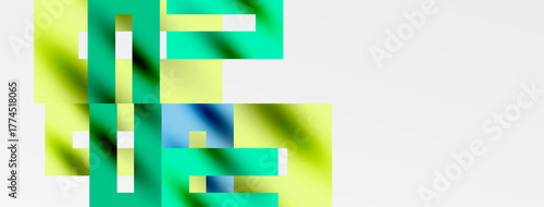 Abstract geometric shapes, vibrant greens, yellows dominate. Blue accents present, creating modern visual composition. Smooth gradients visible.