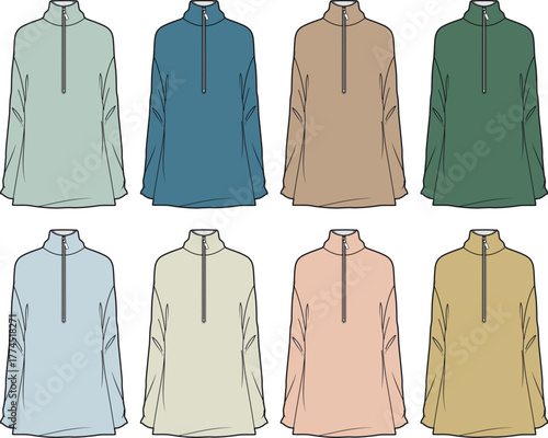 Collection of versatile long-sleeve quarter-zip pullovers in a variety of colors, perfect for athletic wear, casual outfits, or fashion design mockups and apparel templates