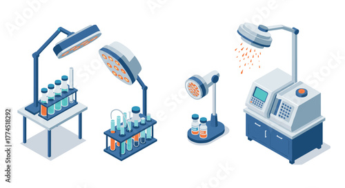 Modern isometric laboratory equipment set for scientific and medical research