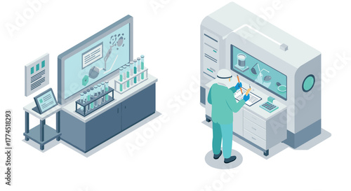 Modern laboratory isometric design featuring scientist analyzing pharmaceutic…