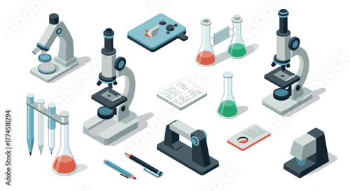 Isometric scientific lab equipment set with microscopes and beakers