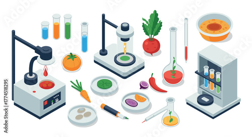 Isometric food science laboratory with vegetables and equipment for innovativ…